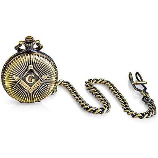 Personalize It Mens Two Tone Freemasonry Compass Roman Numeral White Skeleton Dial Quartz Freemason Masonic Symbol Pocket Watch for Men Silver Gold Plated with Long Pocket Chain
