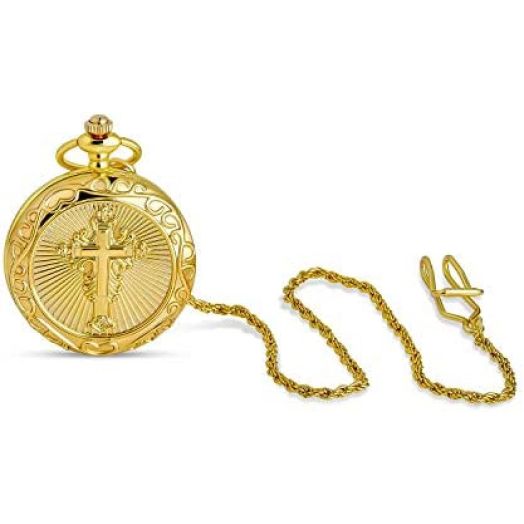 Personalize It Mens Traditional Vintage Style Christian Catholic Religious Cross Pocket Watch for Men Roman Numeral White Skeleton Dial with Long Pocket Chain Polish Shiny Gold Plated with Rope Chain