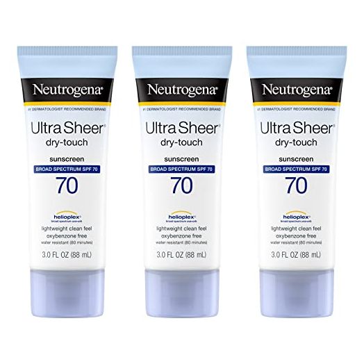 Neutrogena Ultra Sheer Dry-Touch Sunscreen Lotion, Broad Spectrum SPF 70 UVA/UVB Protection, Lightweight Water Resistant, Non-Comedogenic & Non-Greasy, Travel Size, 3 fl. oz (Pack of 3)