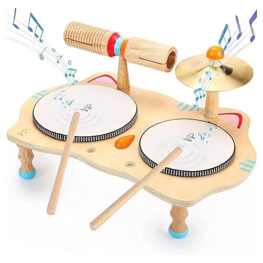 oathx Kids Drum Set All in One Montessori Musical Instruments Set Toddler Toys Natural Wooden Music Kit Baby Sensory Toys Months Birthday Gifts for Girls Boys