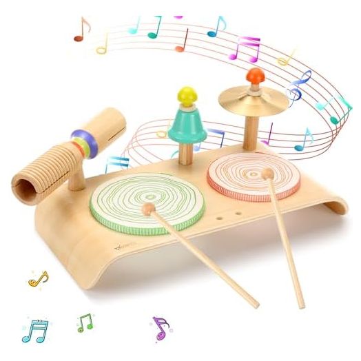 Kids Drum Set, Baby Musical Instruments Toys for Toddlers , 6 in 1 Wooden Musical Table Top Drum Kit Play Set, Educational Percussion Drum Sensory Toys Montessori Toys for Kids