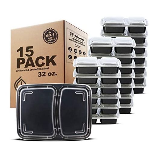 Freshware Meal Prep Containers, 2 Compartment with Lids (15 Pack)