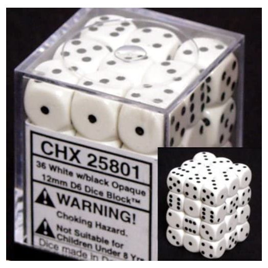 Chessex Opaque 12mm d6 White w/Black Dice Block 36 Dice
