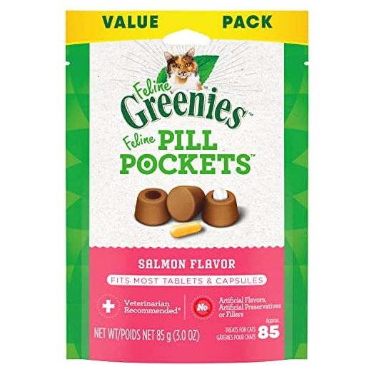 FELINE GREENIES PILL POCKETS for Cats Natural Soft Cat Treats, Salmon Flavor, 3 oz. Pack (85 Treats)