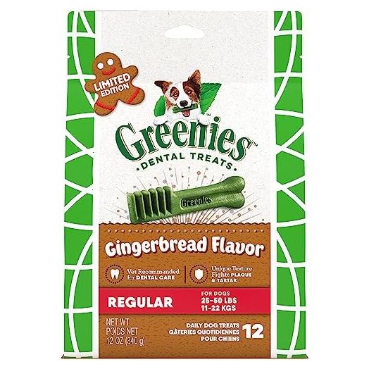 Greenies Regular Size Dental Dog Treats, Gingerbread Flavor, 12 oz. Pack (12 Count)