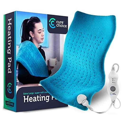 Cure Choice Large Electric Heating Pad for Back Pain Relief + Storage Pouch, Ultra Soft 12"x24" Heating pad for Muscle Cramps - Heated Pad with Adjustable Temperature Settings, Safe Auto Shut.(Blue)