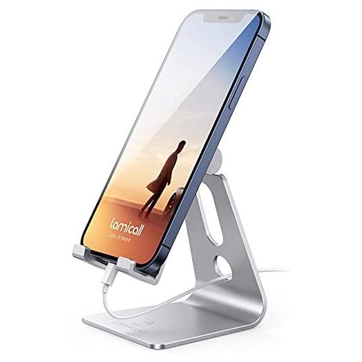 Adjustable Cell Phone Stand, Lamicall Desk Phone Holder, Cradle, Dock, Compatible with Phone 12 Mini 11 Pro Xs Max XR X 8 7 6 Plus SE Charging, Office Accessories, All Android Smartphone - Silver