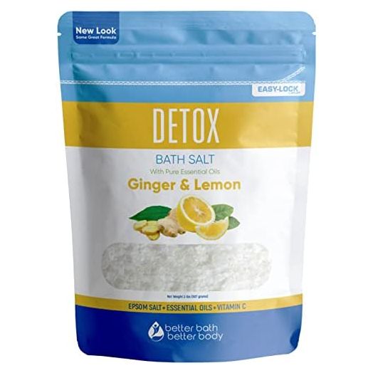 Detox Bath Salt 32 Ounces Epsom Salt with Natural Ginger and Lemon Essential Oils Plus Vitamin C in BPA Free Pouch with Easy Press-Lock Seal