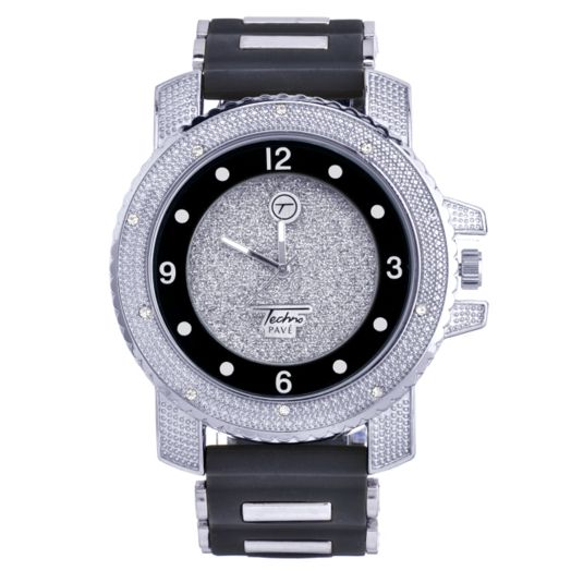 XL Heavy Iced Bling Rapper Hip Hop Techno Pave Rubber Watches 7758 SBBK