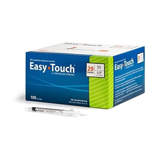 EasyTouch U-100 Insulin Syringe with Needle, 29G 1cc 1/2-Inch (12.7mm), Box of 100