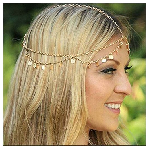 Aukmla Gold Sequins Head Chain Jewelry Festival Halloween Prom Costume Hair Accessories Fashion Headbands Headpieces for Women and Girls