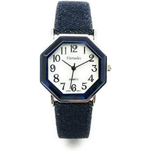 Ladies Mens Unique Large Octagon Shape Case Big Numbers Denim Band Fashion Watch