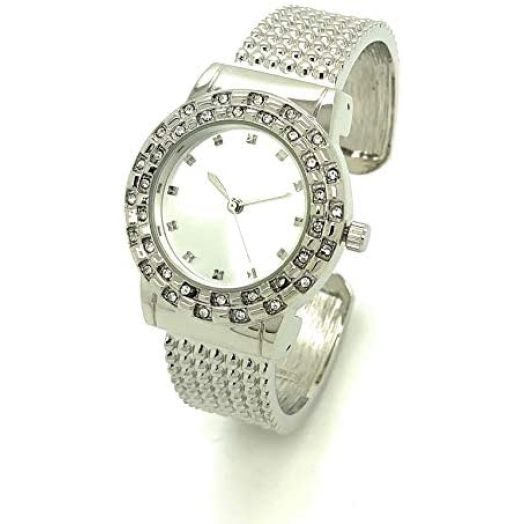 Ladies Dressy Rhinestones On Bezel Elegant Bangle Cuff Fashion Watch