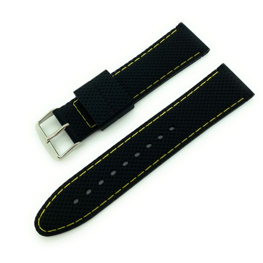 22mm Black Rubber Silicone Watch Band with Contrast Stitching