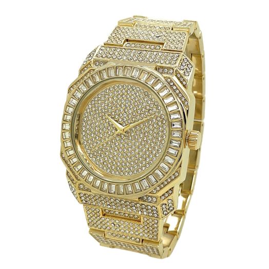 Mens 41mm Elegant Rhinestones Bling Metal Bracelet Fashion Watch (gold)
