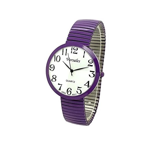 Ladies Mens Easy Read White Dial Black Numbers Casual Stretch Elastic Band Fashion Watch Varsales (Purple), V5335-10