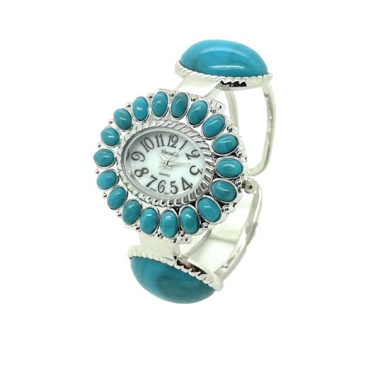 Varsales Ladies Silver Metal Bangle Cuff Fashion Watch with Stones Pearl Dial (Turquoise)
