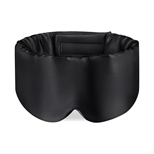100% Mulberry Silk Sleep Mask Eye Mask for Man and Woman with Adjustable Headband, Full Size Large Sleep Mask & Blindfold for Total Blackout for All Night Sleep, Travel & Nap- Black