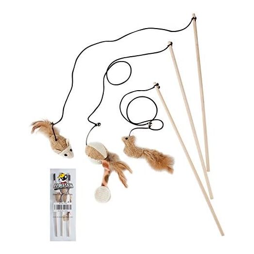 Cat Teaser Cat Kitten Toys Set Natural Sisal Wand Teasers with Mouse, Bell, Feather, Elastic String, and Sturdy Wood Rod