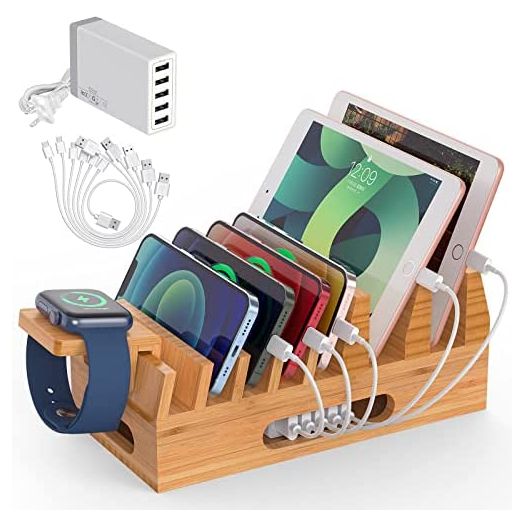 Pezin & Hulin Bamboo Charging Station Holder with 5 Port USB Charger, Watch Stand, 5 x Charge Cable, Wood Docking Stand Electronic Organizer for Multiple Devices, Phones, Tablets, Laptop and More