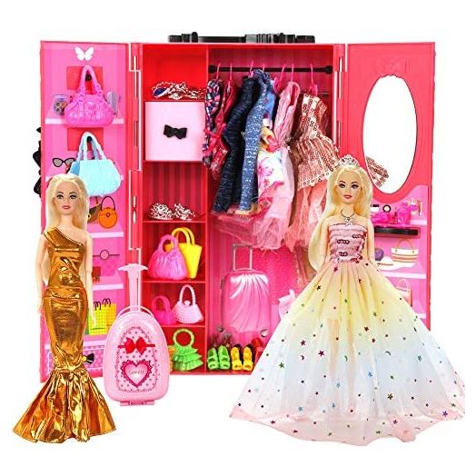 BiiMii PURPERCAT 150 Pack Doll Closet Wardrobe Set Contain 19 Pack Complete Clothes and 131 Pieces Doll Accessories - Wardrobe, Shoes, Necklace, Bags and More for 11.5 Inch Doll