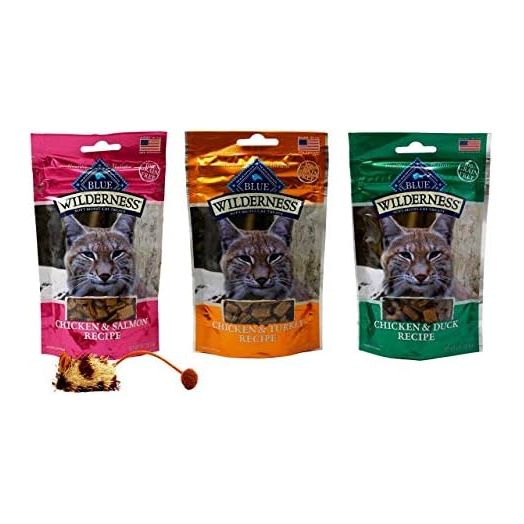 Blue Wilderness Grain Free Soft Moist Treats for Cats 3 Flavor Variety with Toy Bundle, (1) Each: Chicken Salmon, Chicken Turkey, Chicken Duck (2 Ounces)