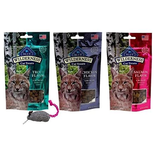 Blue Wilderness Grain Free Crunchy Treats for Cats 3 Flavor Variety with Toy Bundle, (1) Each: Trout, Chicken, Salmon (2 Ounces)