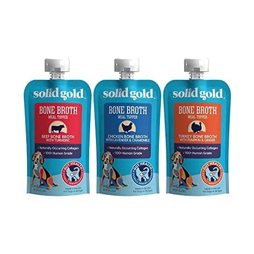 Solid Gold Human Grade Bone Broth Dog Food Meal Toppers 3 Flavor Sampler Bundle, 1 Each: Beef, Chicken, Turkey (8 Ounces)