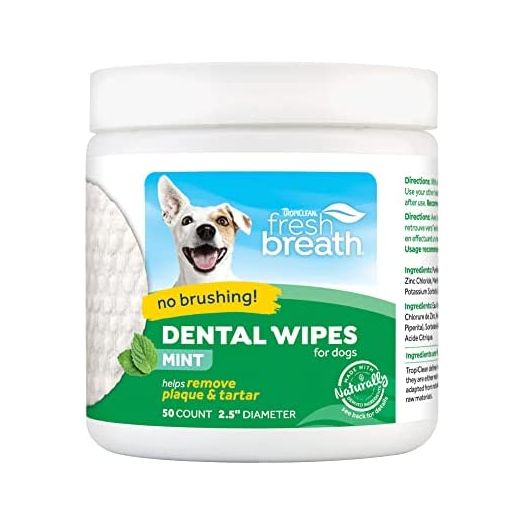 TropiClean Fresh Breath No Brushing Clean Teeth Dental & Oral Care Dental Wipes for Dogs, 50ct - Teeth Cleaning Wipes - Helps Wipe Away Plaque & Tartar - Freshens Breath - No Brushing Required