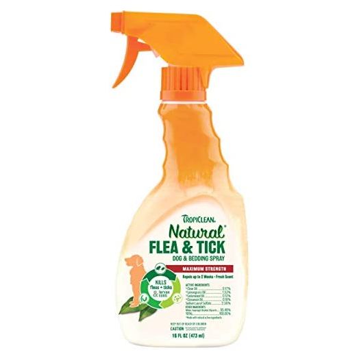 TropiClean Natural Flea & Tick Dog & Bedding Spray, 16oz - Kills and Repels Fleas, Ticks, Larva, and Eggs - Apply Directly to Dogs, Bedding, and Kennels - Made in USA