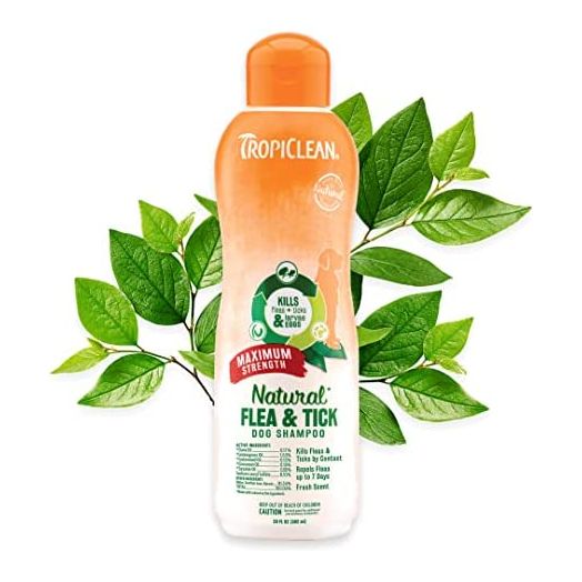 TropiClean Natural Flea & Tick Maximum Strength Shampoo for Dogs, 20oz - Kills Fleas, Ticks, Larva, Eggs by Contact - Soap-Free Treatment for Pest Prevention - Made with Essential Oils - Made in USA