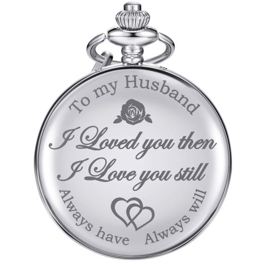 Pangda Pocket Watch Men Watch Engraved Pocket Watch to Gift for Husband on Anniversary (Husband Gifts, Silver Dial)