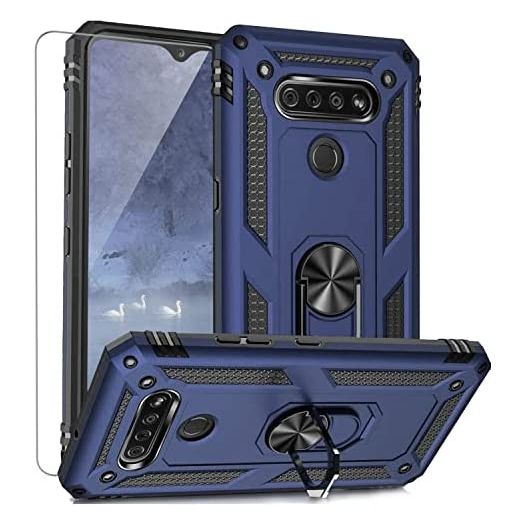 TJS Compatible with LG K51 Case, LG Q51 Case, LG Reflect Case, with [Tempered Glass Screen Protector][Defender][Metal Ring][Magnetic Support] Kickstand Heavy Duty Drop Protector Phone Case (Blue)
