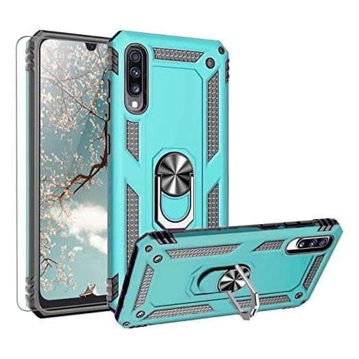 TJS Compatible with Samsung Galaxy A20 Case, Galaxy A30 Case, with Tempered Glass Screen Protector Metal Ring Magnetic Support Kickstand Heavy Duty Drop Protector Phone Case (Teal)