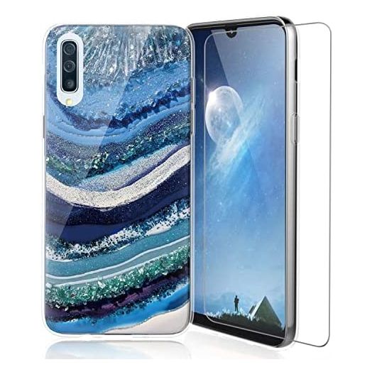 TJS Phone Case Compatible with Samsung Galaxy A50 2019, with [Tempered Glass Screen Protector] Ultra Thin Slim TPU Matte Color Marble Transparent Clear Soft Skin Cover (White/Blue)