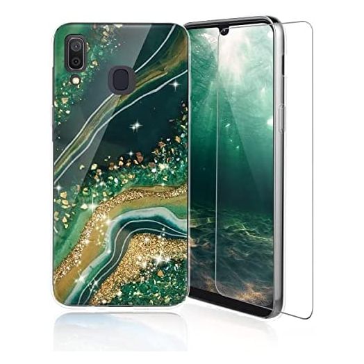 TJS Phone Case Compatible with Samsung Galaxy A20/Galaxy A30, with [Tempered Glass Screen Protector] Ultra Thin Slim TPU Matte Color Marble Transparent Clear Soft Skin Cover (Gold/Green)
