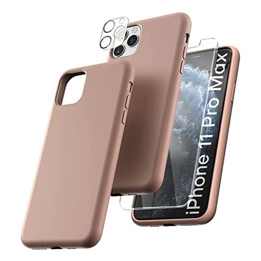 TOCOL [5 in 1] for iPhone 11 Pro Max Cases, with 2 Pack Screen Protector + 2 Pack Camera Lens Protector, Liquid Silicone Slim Shockproof Phone Case [Anti-Scratch] [Drop Protection] 6.5'', Brown