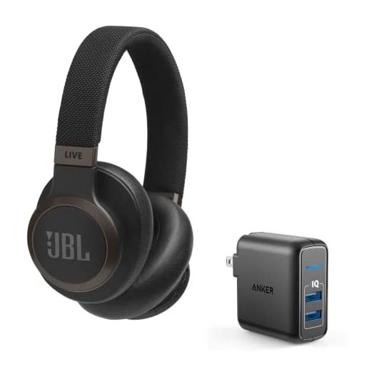 JBL Live 650BTNC Wireless Over-Ear Bluetooth Headphones (Black) + Anker PowerPort Elite 2 Port USB Wall Charger - Up to 20 Hours of Noise-Canceling Streaming