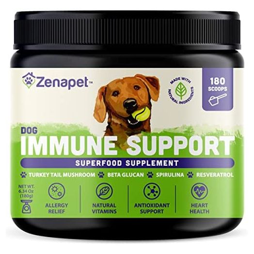 ZENAPET Allergy Immune Support Supplement for Dogs, Superfood 100% Human-Grade with Turkey Tail Mushroom, Prebiotics for Gut Health, Itchy Skin, Seasonal Allergies & Yeast - for Small to Large Breeds