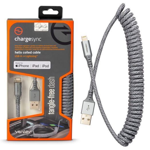 Ventev Helix 14 in Expandable iPhone Cable | Fast Charging USB-A to Lightning Cable | Coiled MFi Certified iPhone Charger Cord | No Tangle Cord, Conveniently Crafted for The Car iPhone, Gray