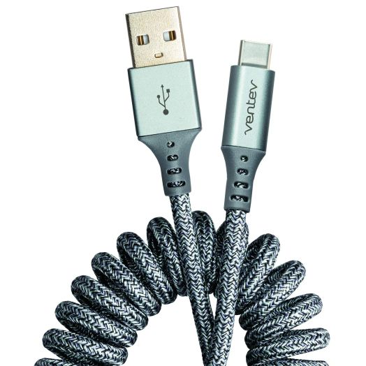 Ventev - Chargesync Helix Cable 14" (Expandable) USB A to USB C, Cloth Covered, Braided Cable, Flexible Elastic Recoil Design, Fast Charging | Compatible with iPhone 15/15 Pro, Samsung Galaxy | Gray
