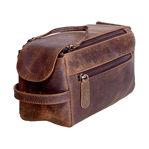KOMALC Premium Buffalo Leather Unisex Toiletry Bag Travel Dopp Kit