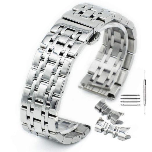 Curved Stainless Steel Polished Metal Watch Band Strap Butterfly Buckle Clasp Men Women 14-24mm Silver