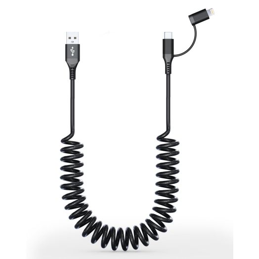Coiled USB to USB C and Lightning Cable 2 in 1 - MFi iPhone 15 Car Charger Cord, 3A Fast Charging Cable for iPhone 15/15 Pro/15 Pro Max/14, Galaxy, Android, Support Apple CarPlay & Android Auto & Data