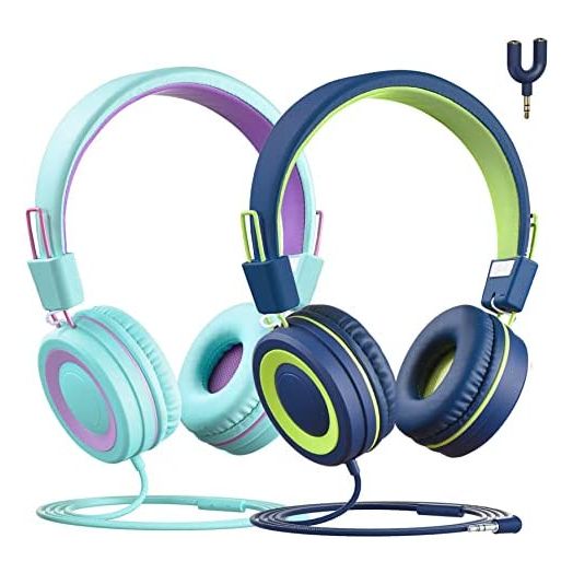 KLYLOP Kids Headphones with Microphone - 91dB Safe Volume Limited, Stereo Sounds, Wired On-Ear Headsets for Kids Teens with Sharing Splitter, Tangle-Free Foldable Headset for School/Tablet/Travel