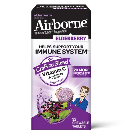 Airborne Elderberry Extract + Vitamin C Chewable Tablets (32 count), Non-GMO & Sugar Free Supplement, Naturally Flavored, Helps Support A Healthy Immune System