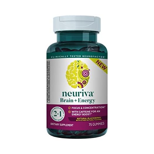 Neuriva Brain + Energy Gummies, Nootropic Brain Supplement for Focus & Concentration with Neurofactor, Vitamin B12 & Caffeine for an Energy Boost*, 75ct Natural BlackBerry