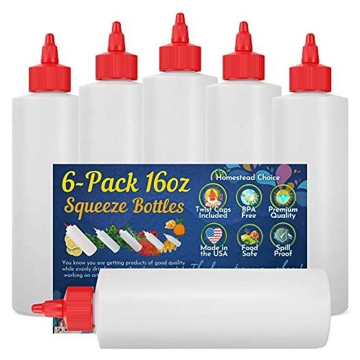 Plastic Squeeze Condiment Bottles 16-Ounce with Red Twist-Cap Set of 6 16-oz (6 Pack)