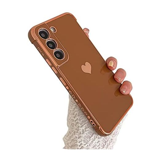 PHYLLA Compatible with Samsung Galaxy S21 FE 6.4” 5g Phone Case Luxury Plating Cute Love Heart Side Small Pattern Case Full Camera Protection Soft Silicone Airbag Shockproof Bumper Cover (Brown)