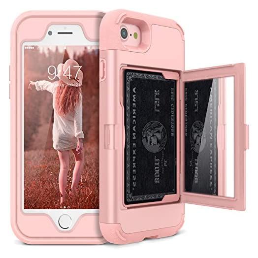 iPhone SE 2022/2020 Wallet Case for Women- WeLoveCase Defender Credit Card Holder Cover with Hidden Mirror Three Layer Shockproof Heavy Duty Protective Case for iPhone SE 2022/2020/7/8 - Rose Gold